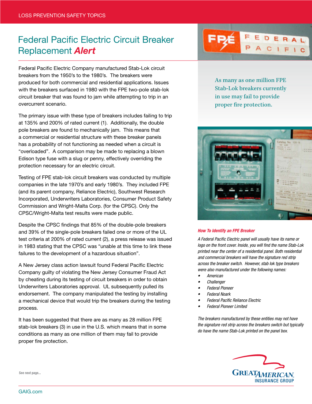 Federal Pacific Electric Circuit Breaker Replacement Alert