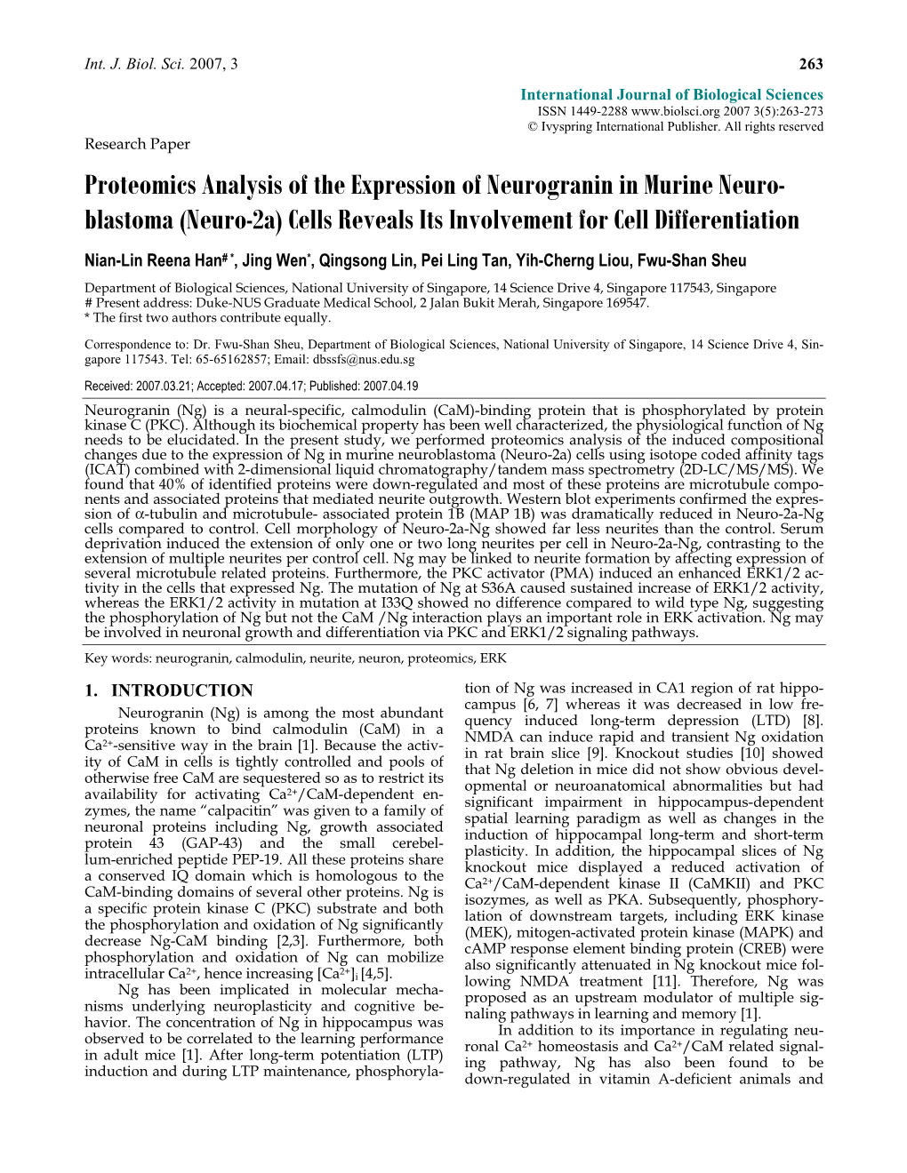 Proteomics Analysis of the Expression of Neurogranin in Murine Neuro