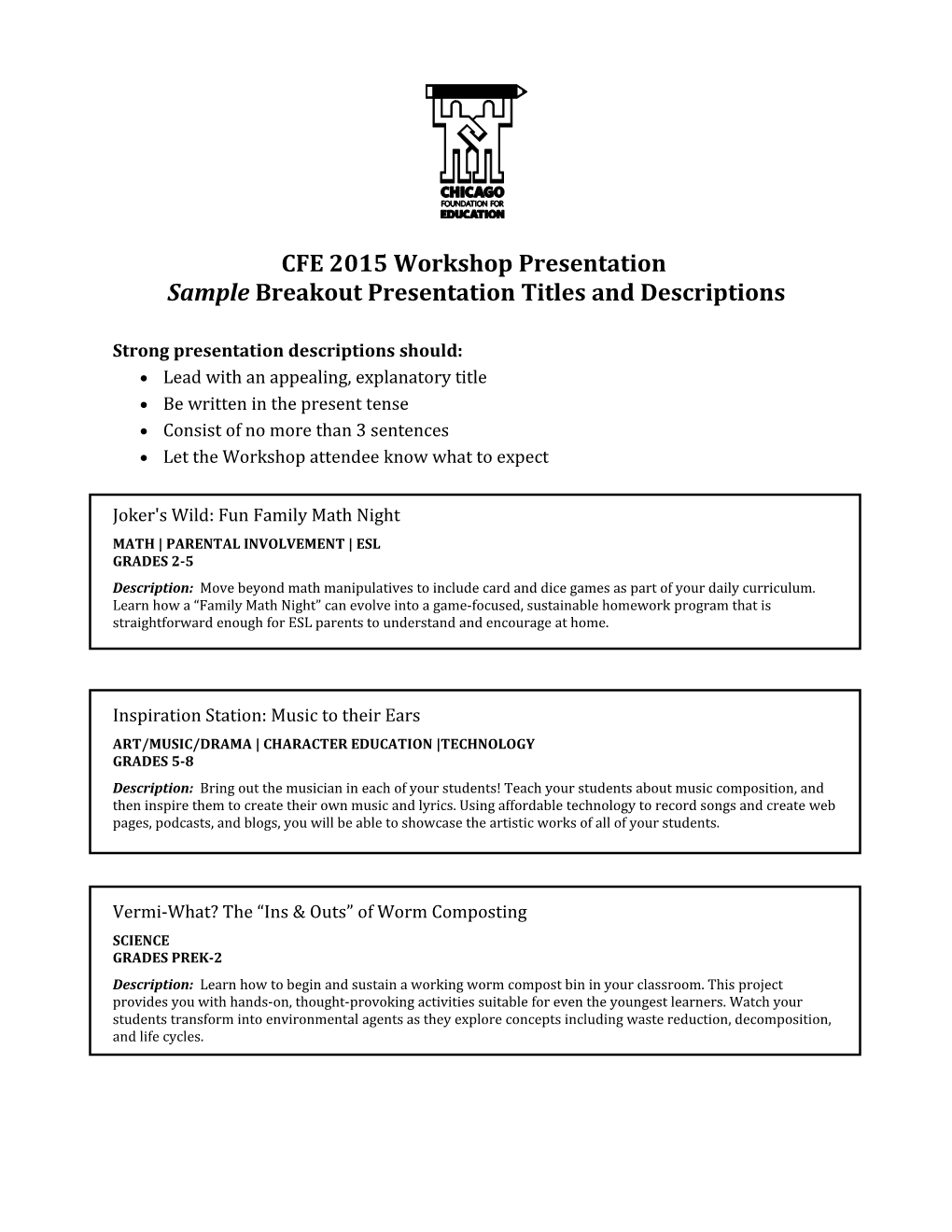 Sample Presentation Descriptions