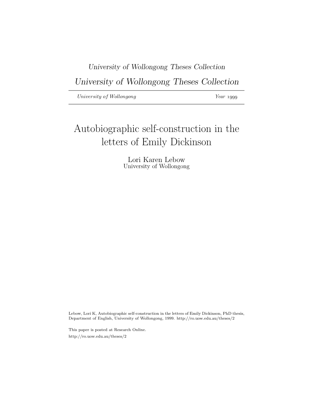 Autobiographic Self-Construction in the Letters of Emily Dickinson