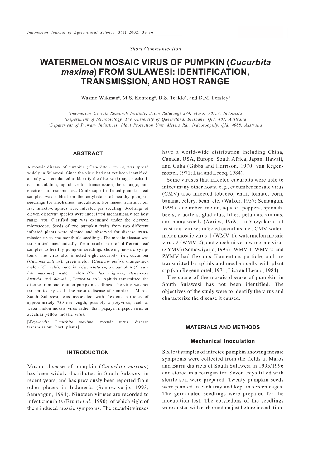 WATERMELON MOSAIC VIRUS of PUMPKIN (Cucurbita Maxima) from SULAWESI: IDENTIFICATION, TRANSMISSION, and HOST RANGE