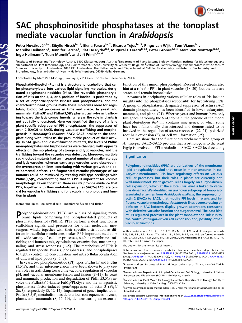 SAC Phosphoinositide Phosphatases at the Tonoplast Mediate Vacuolar Function in Arabidopsis