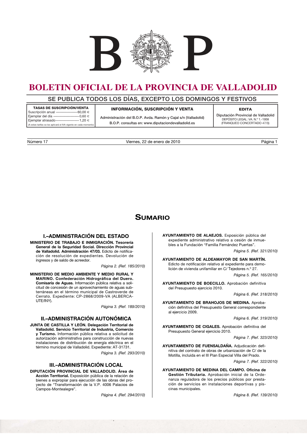 Boletín Oficial De La Provincia De Valladolid Se Publica Todos Los Días, Excepto Los Domingos Y Festivos