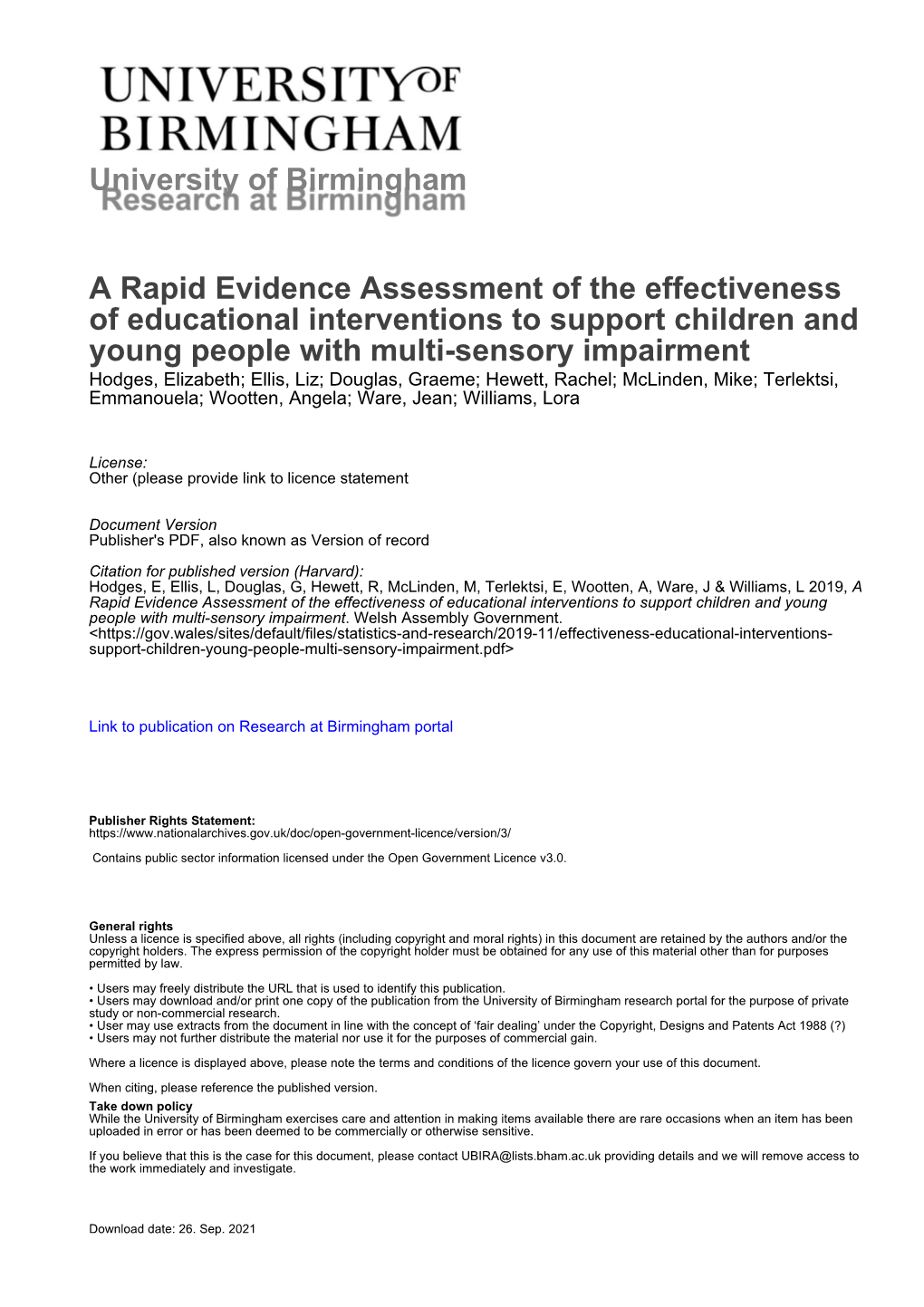 A Rapid Evidence Assessment of the Effectiveness Of