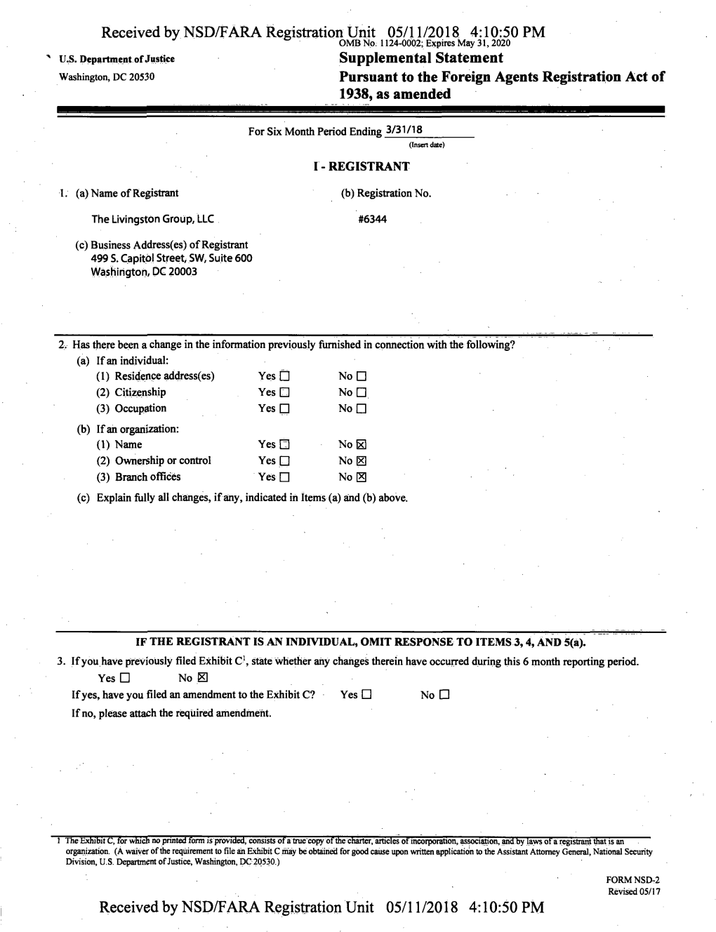 Supplemental Statement Washington, DC 20530 Pursuant to the Foreign Agents Registration Act of 1938, As Amended