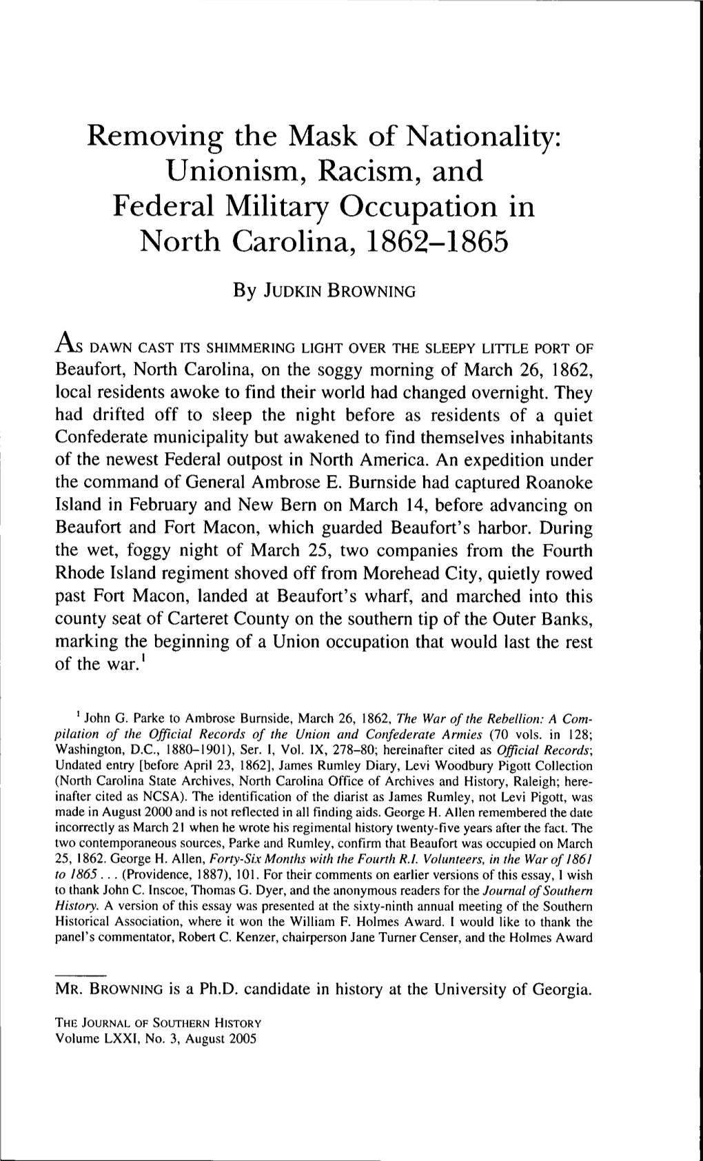 Unionism, Racism, and Federal Military Occupation in North Carolina, 1862-1865