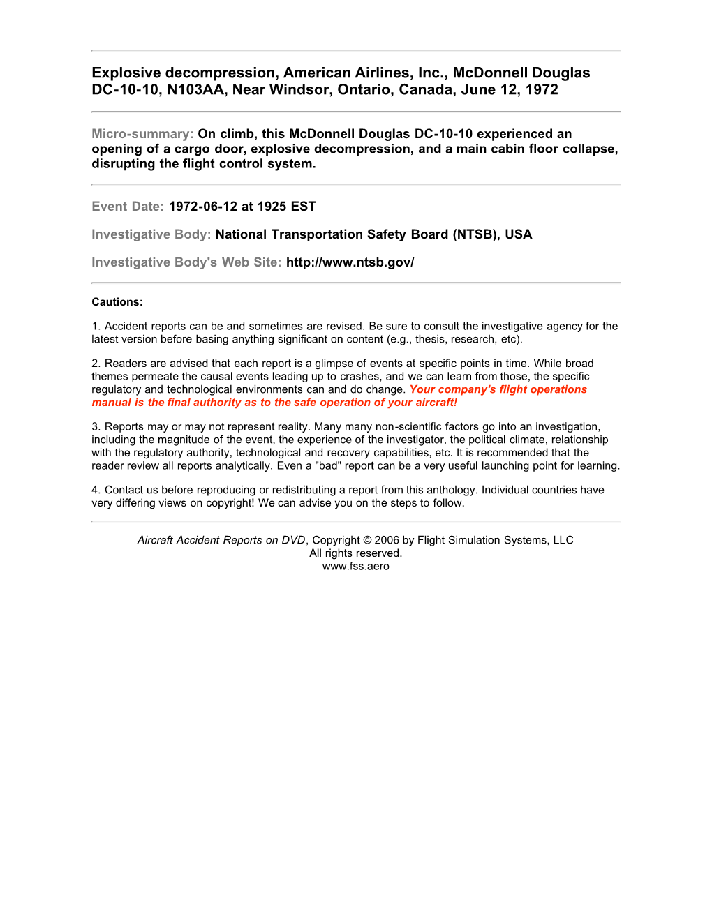 Aircraft Accident Report: American Airlines, Inc., Mcdonnell Douglas