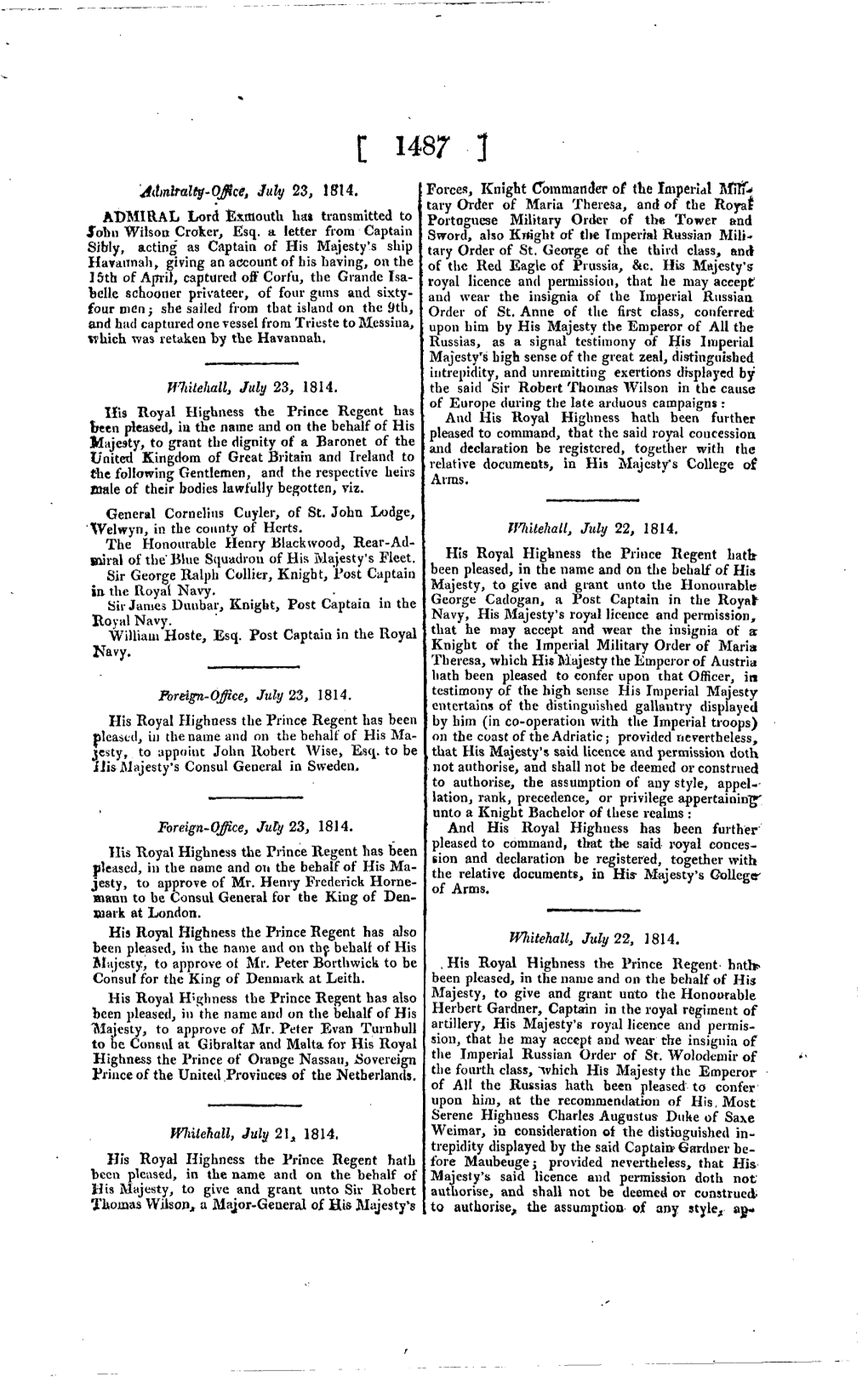 Icej, July 23, 1814. ADMIRAL Lord Exmouth Ha« Transmitted to Tolm