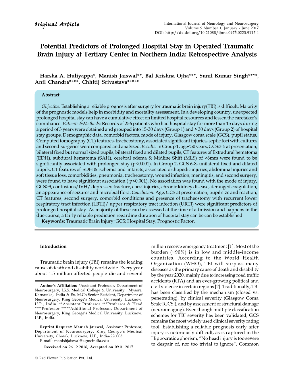 Potential Predictors of Prolonged Hospital Stay in Operated Traumatic Brain Injury at Tertiary Center in Northern India: Retrospective Analysis