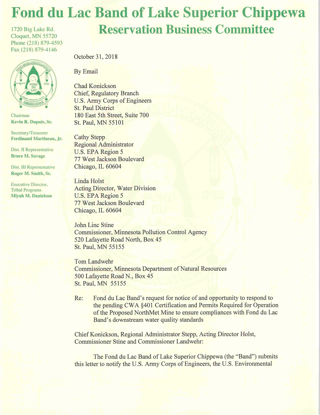 Exhibit12 FDL Letter to EPA MPCA MDN 401A2