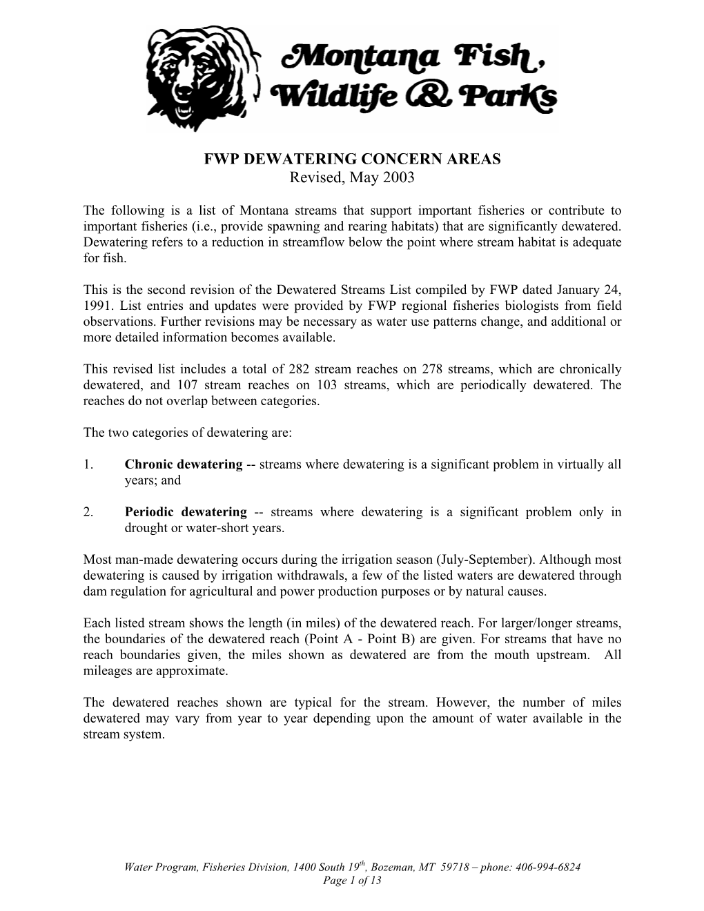 FWP DEWATERING CONCERN AREAS Revised, May 2003