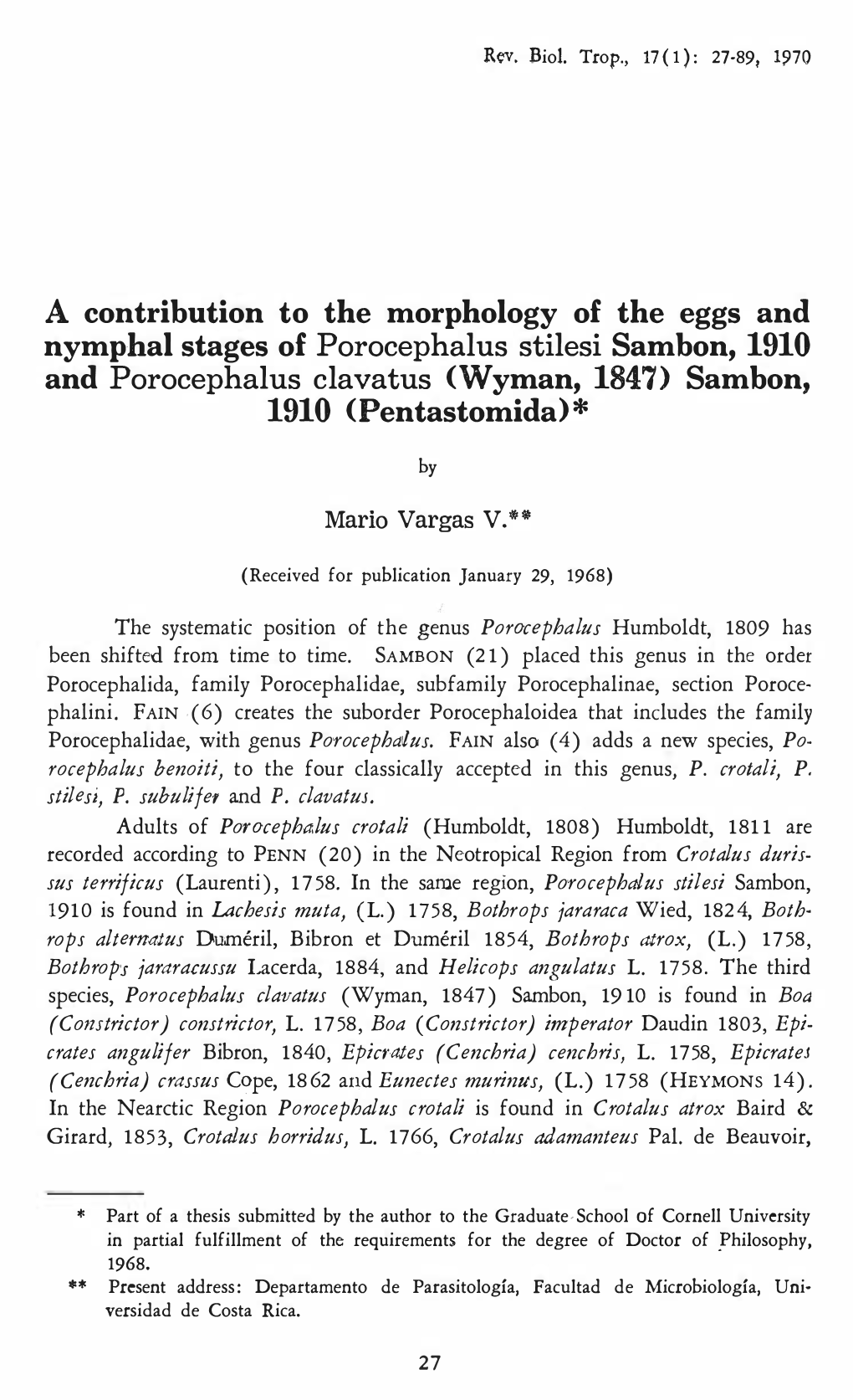 Sambon, 1910 and Porocephalus Clavatus (Wyman, 1847) Sambon, 1910 (Pentastomida)*