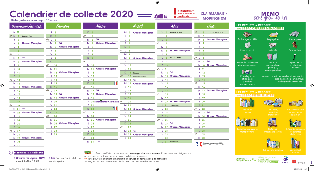 CLAIRMARAIS MORINGHEM Calendrier Collecte