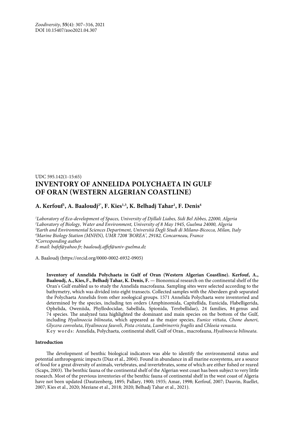 Inventory of Annelida Polychaeta in Gulf of Oran (Western Algerian Coastline)