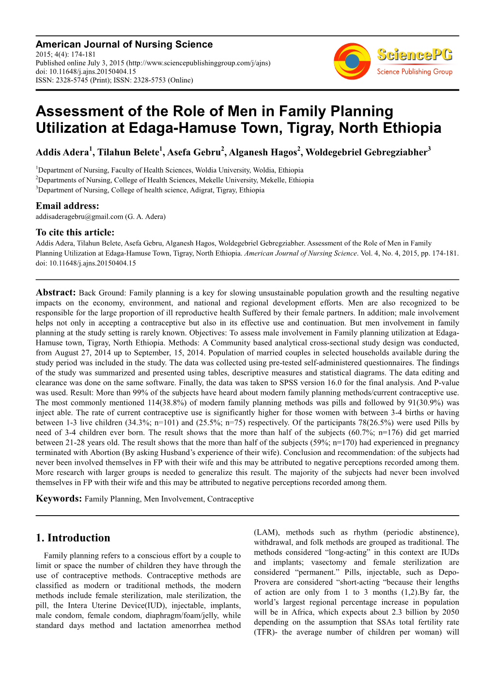 Assessment of the Role of Men in Family Planning Utilization at Edaga-Hamuse Town, Tigray, North Ethiopia