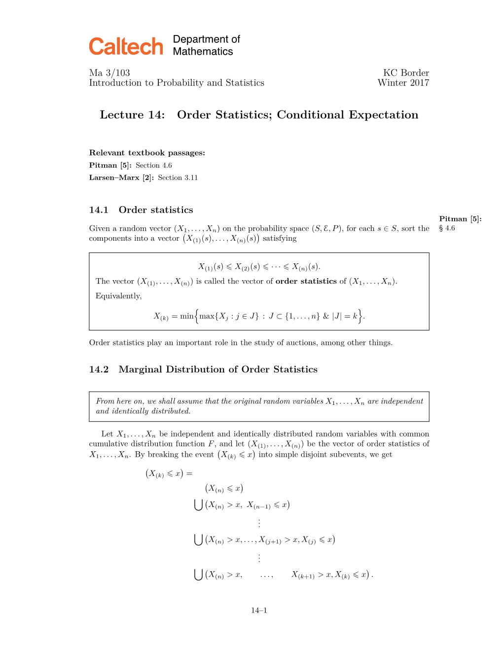 Lecture 14: Order Statistics; Conditional Expectation