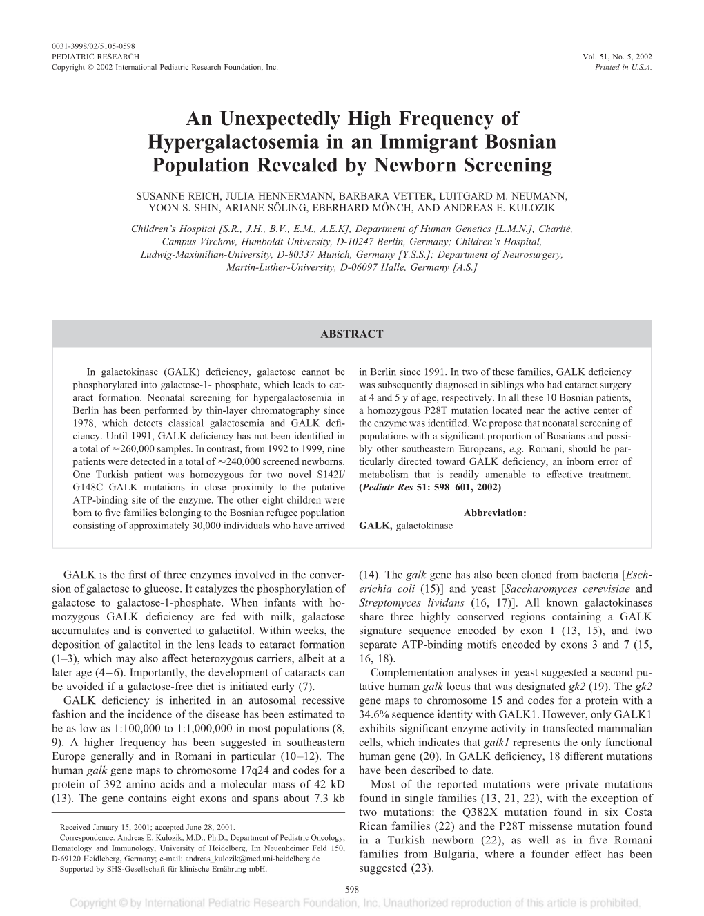 An Unexpectedly High Frequency of Hypergalactosemia in an Immigrant Bosnian Population Revealed by Newborn Screening