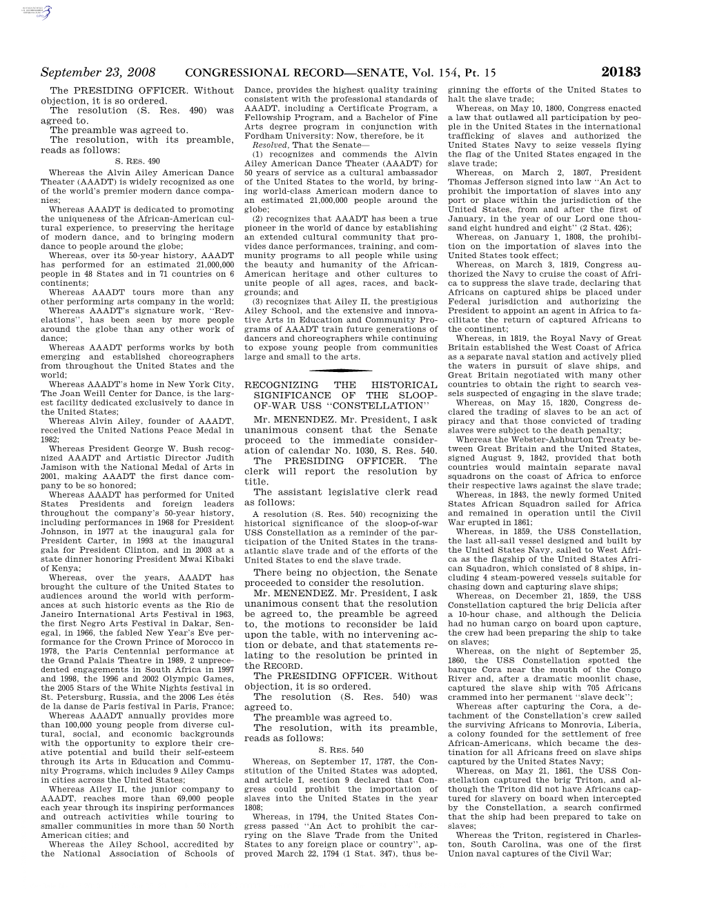 CONGRESSIONAL RECORD—SENATE, Vol. 154, Pt. 15 20183 the PRESIDING OFFICER