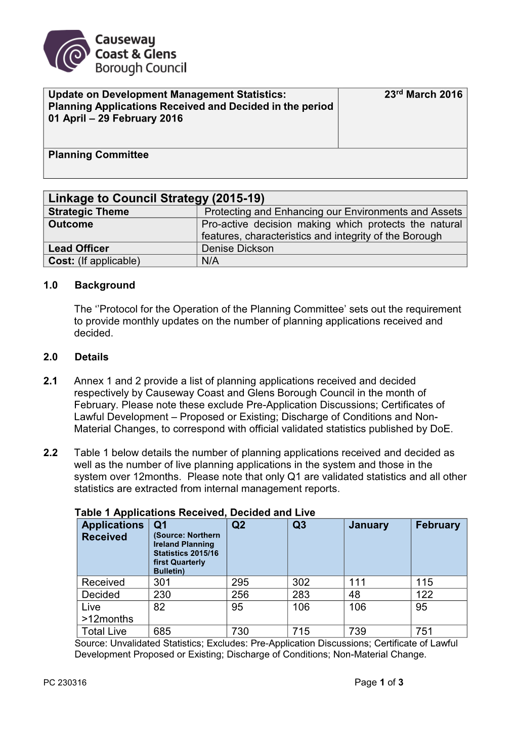 Planning Applications Received and Decided in the Period 01 April – 29 February 2016