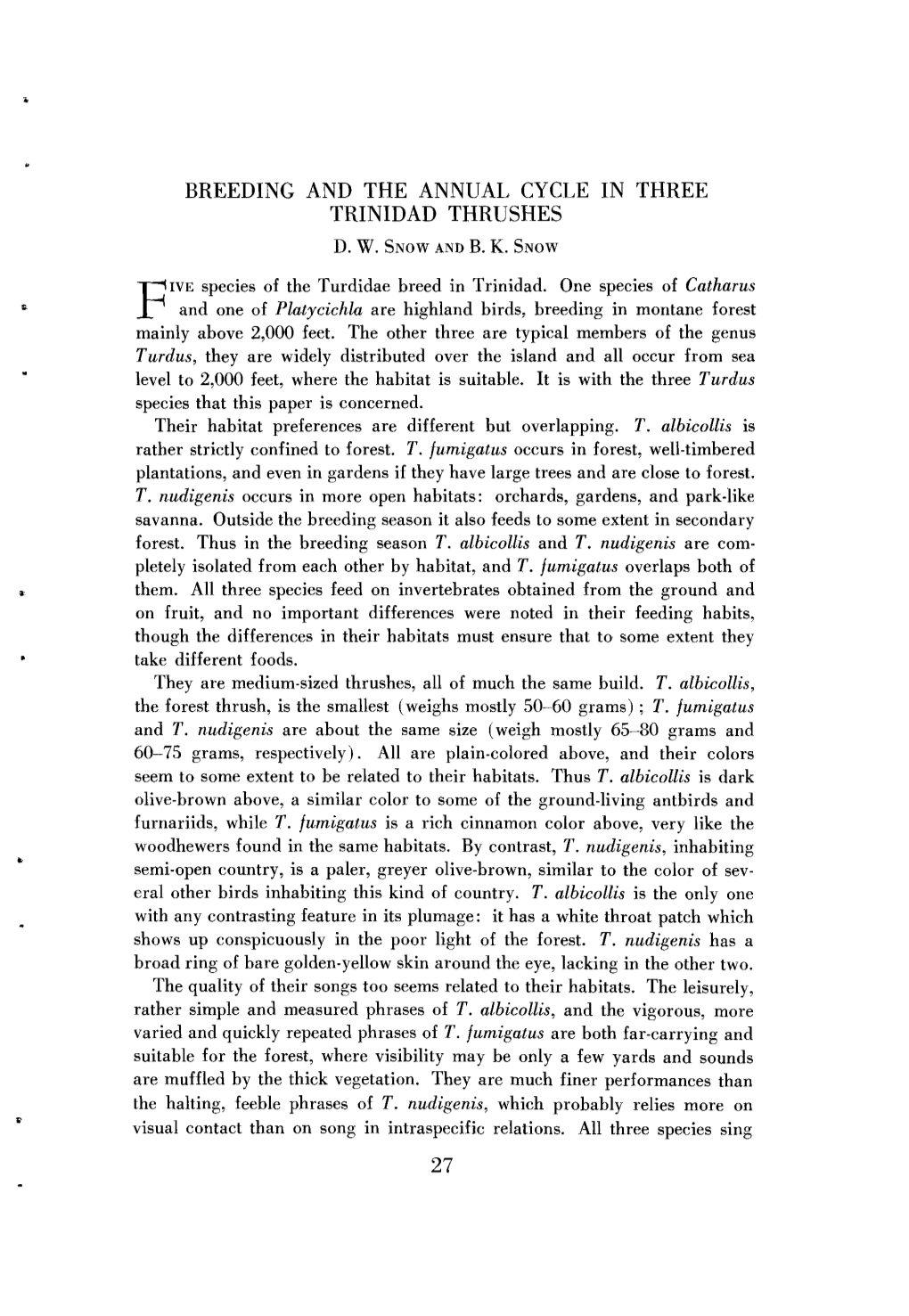 Breeding and the Annual Cycle in Three Trinidad Thrushes