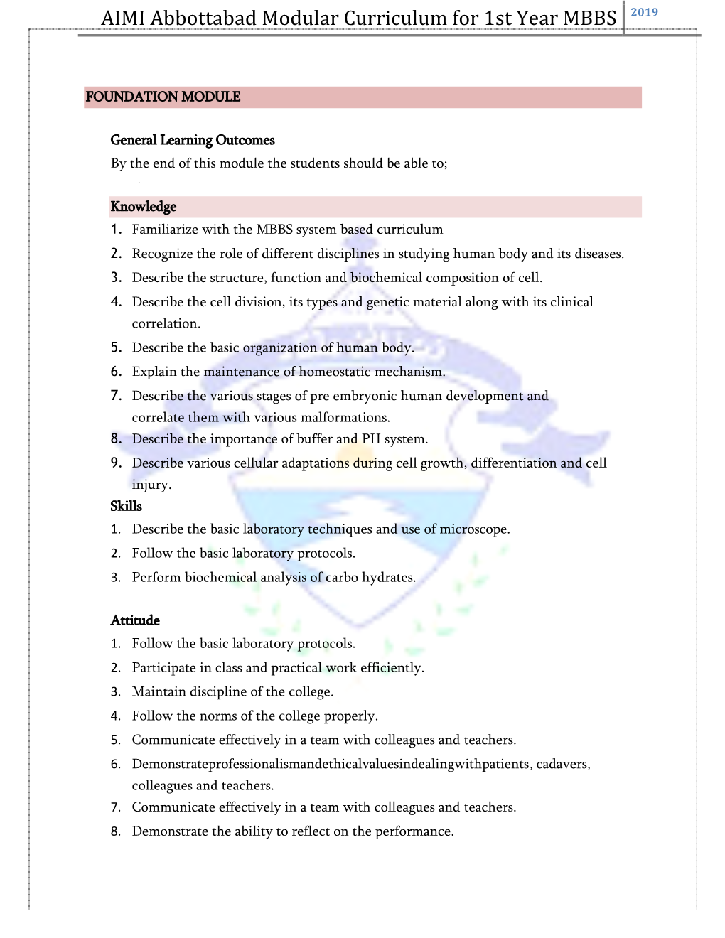 AIMI Abbottabad Modular Curriculum for 1St Year MBBS 2019