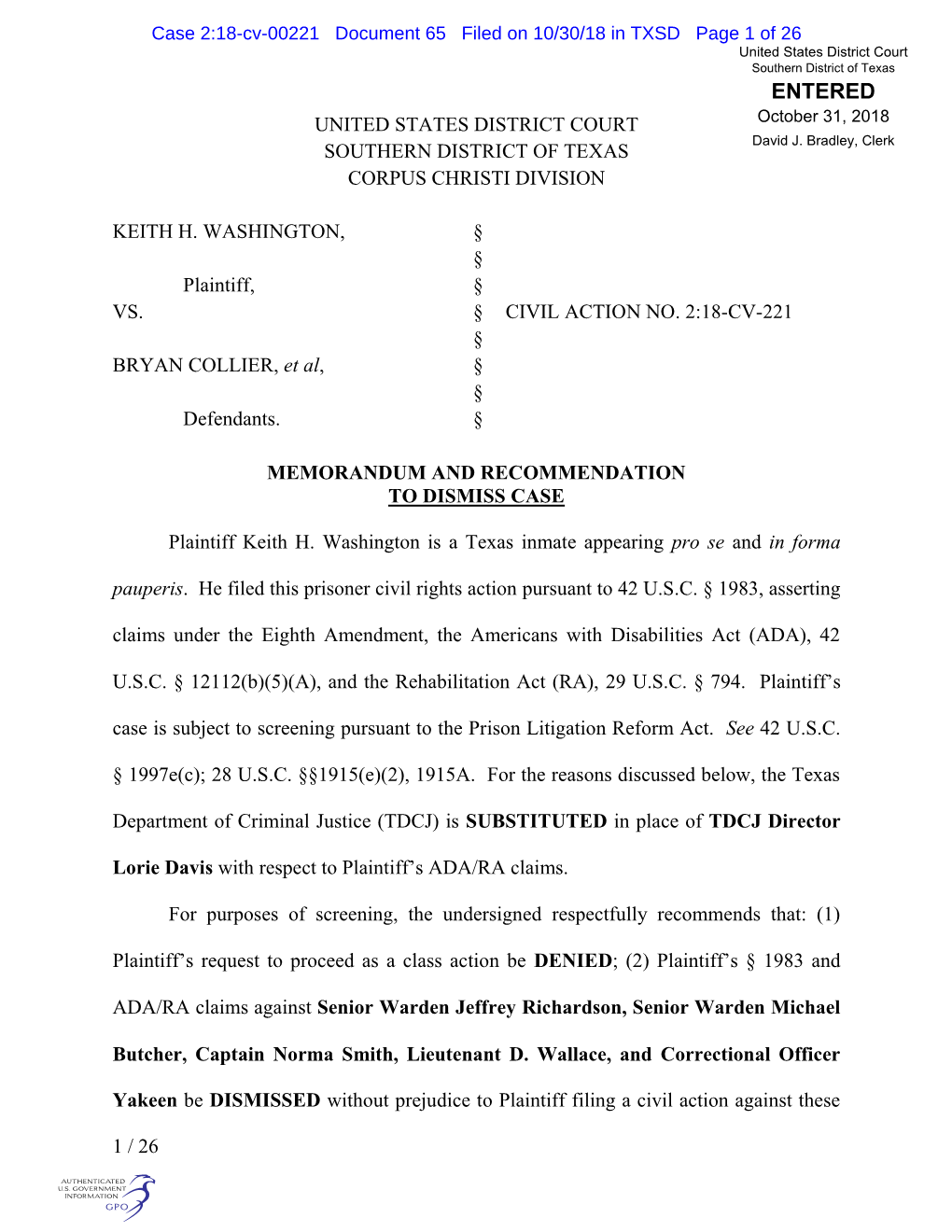 ENTERED UNITED STATES DISTRICT COURT October 31, 2018 David J