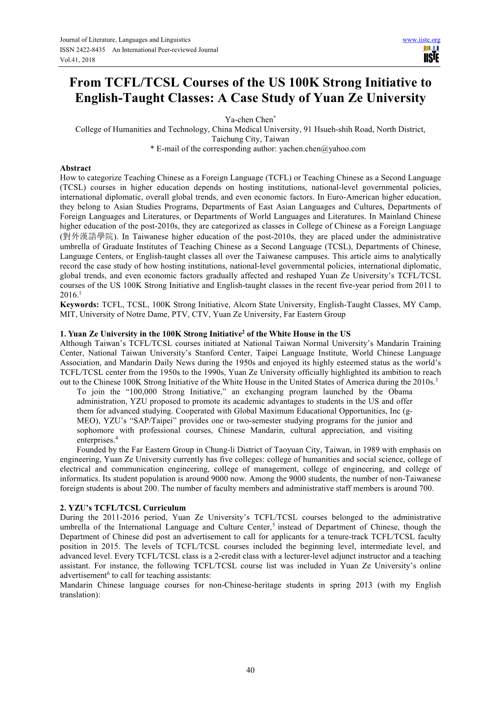 From TCFL/TCSL Courses of the US 100K Strong Initiative to English-Taught Classes: a Case Study of Yuan Ze University