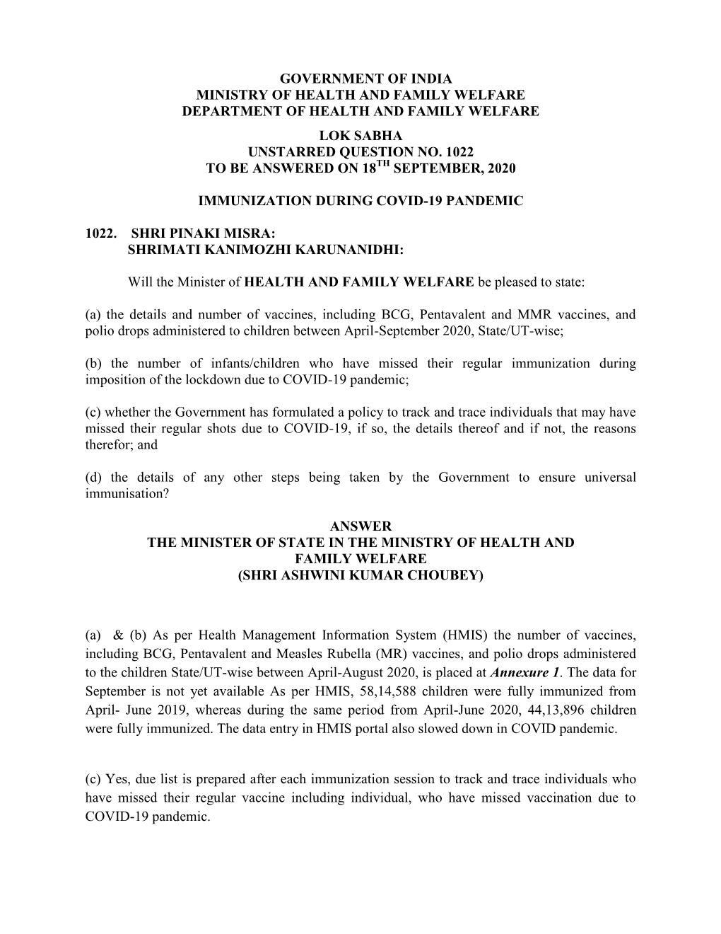 Government of India Ministry of Health and Family Welfare Department of Health and Family Welfare Lok Sabha Unstarred Question No