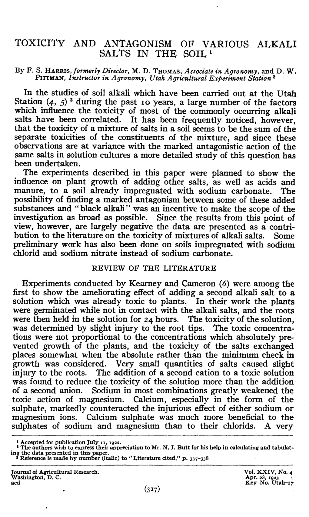 Toxicity and Antagonism of Various Alkali Salts in the Soil1