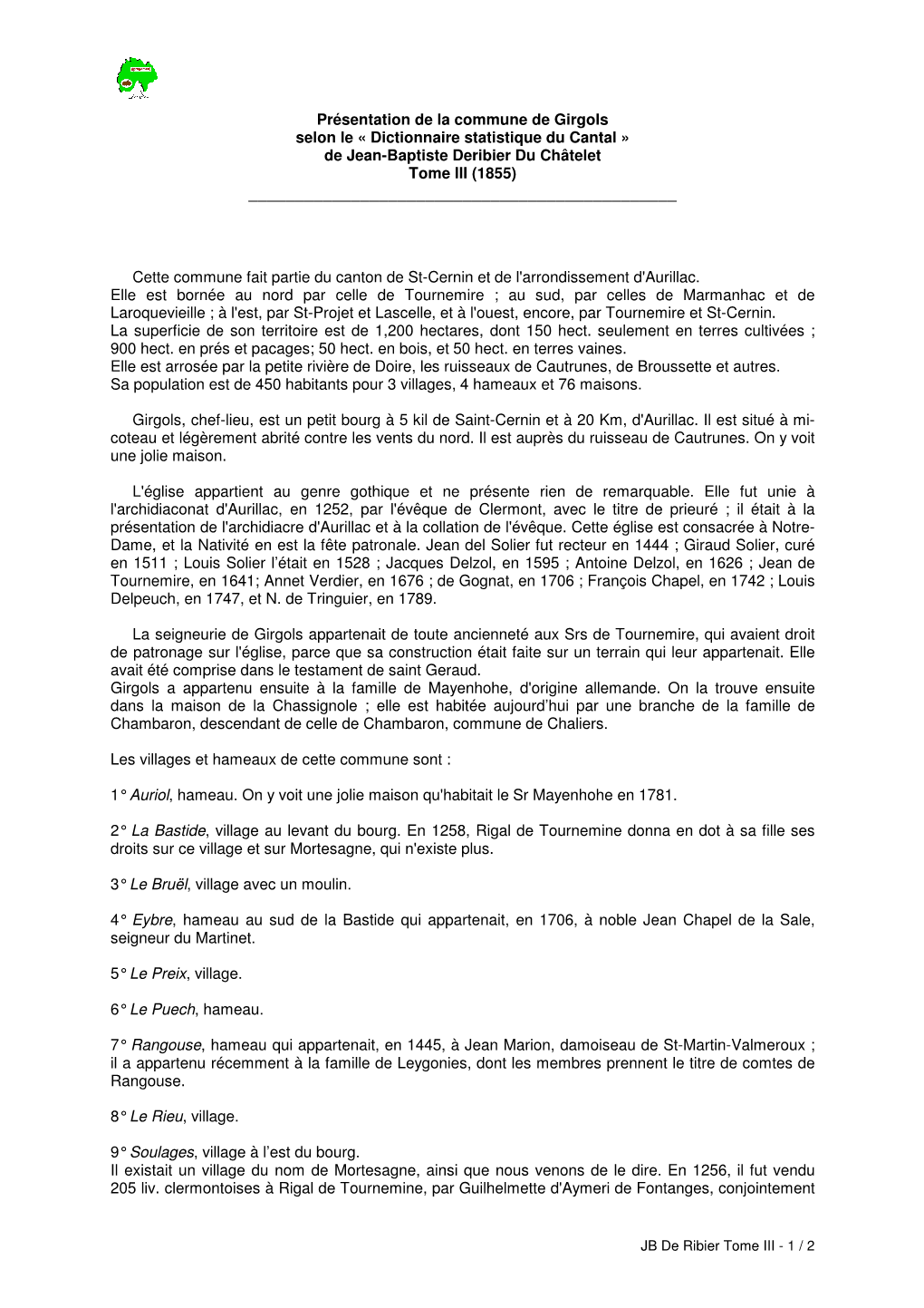 Présentation De La Commune De Girgols Selon Le « Dictionnaire Statistique Du Cantal » De Jean-Baptiste Deribier Du Châtelet Tome III (1855) ______