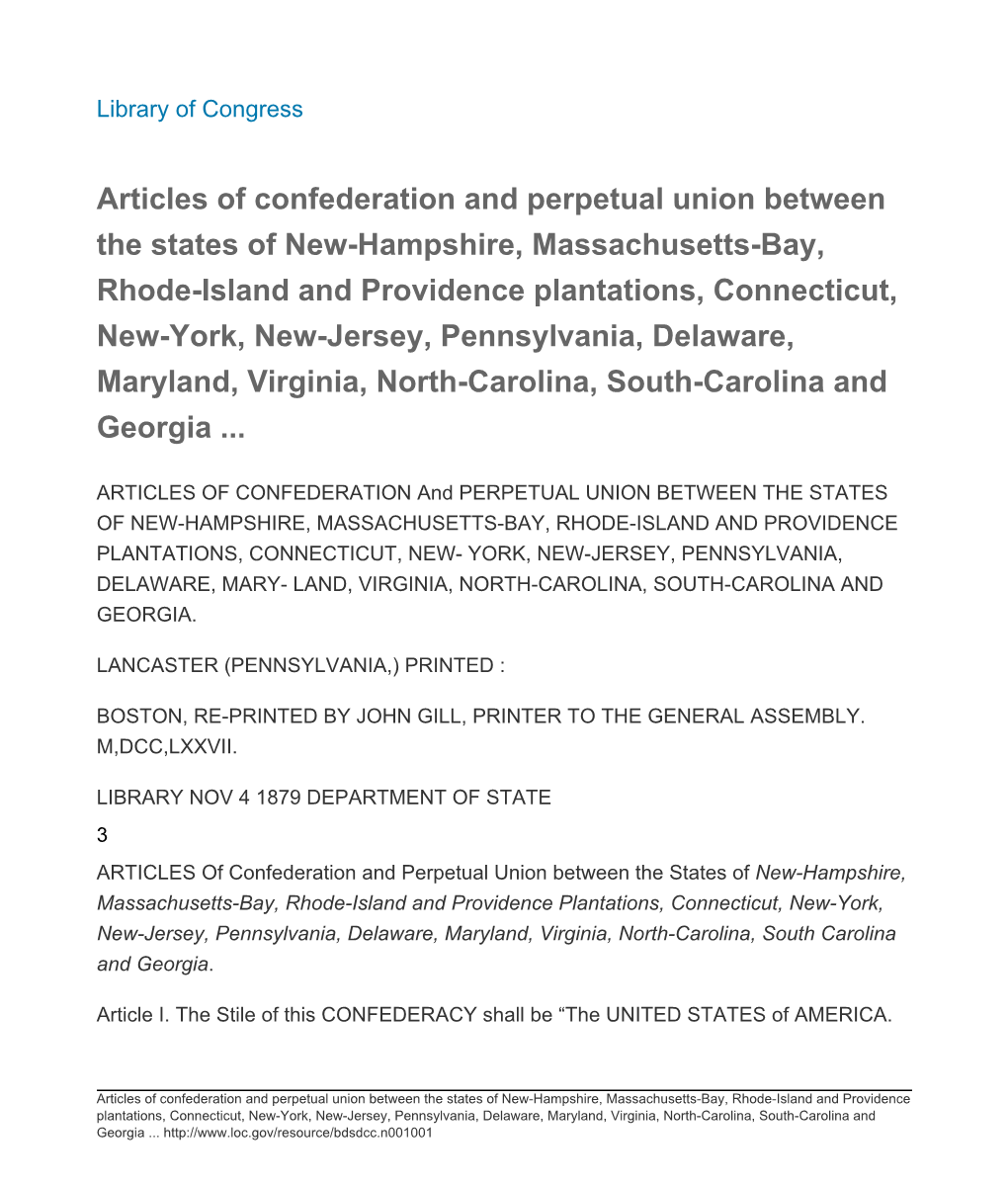 Articles of Confederation and Perpetual Union Between the States