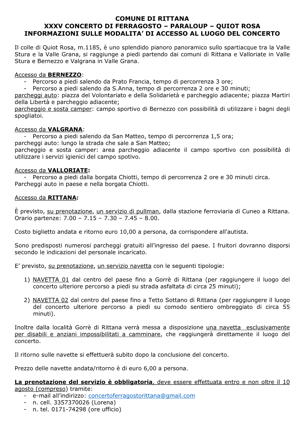 Comune Di Rittana Xxxv Concerto Di Ferragosto – Paraloup – Quiot Rosa Informazioni Sulle Modalita’ Di Accesso Al Luogo Del Concerto