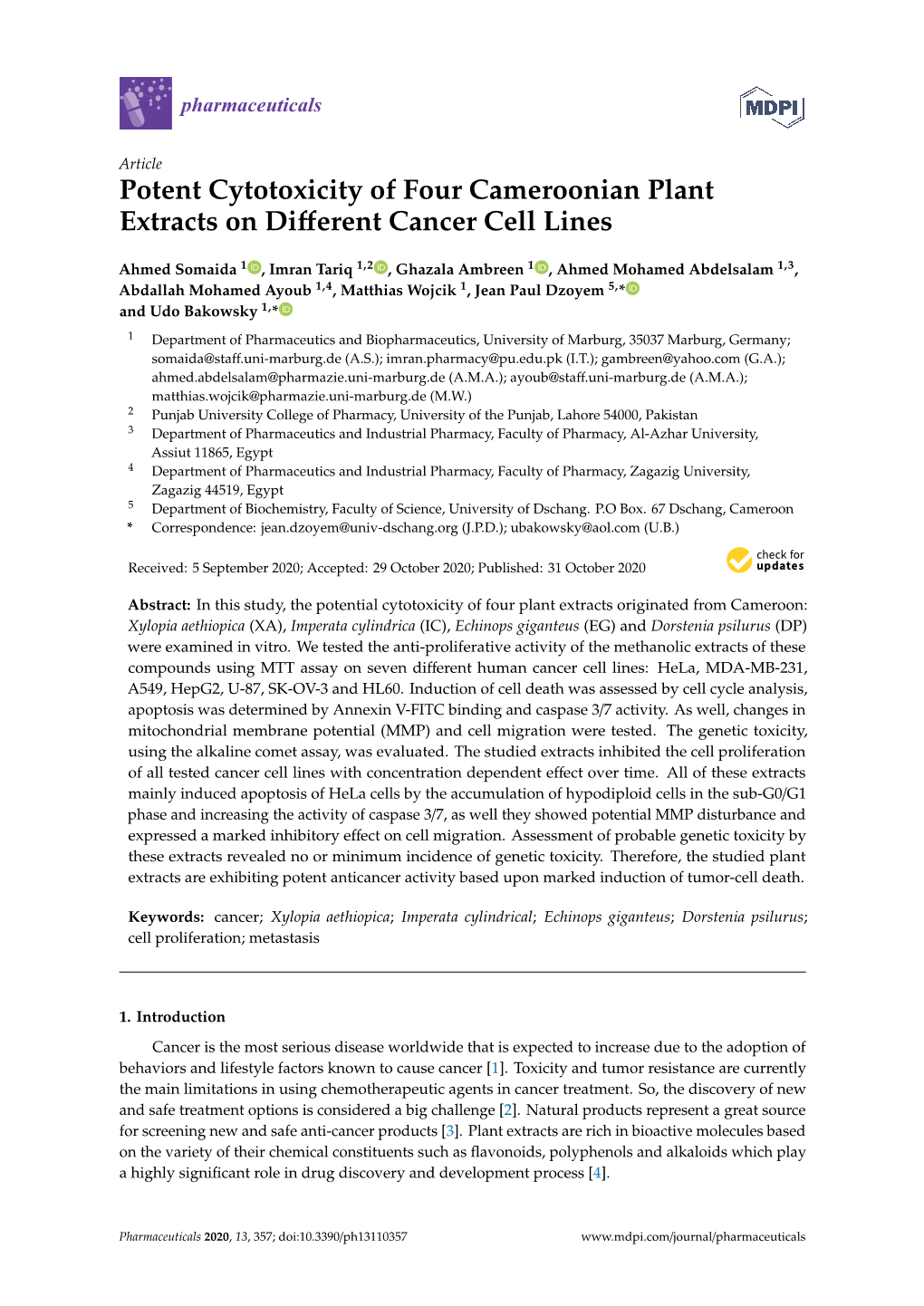 Potent Cytotoxicity of Four Cameroonian Plant Extracts on Different Cancer Cell Lines
