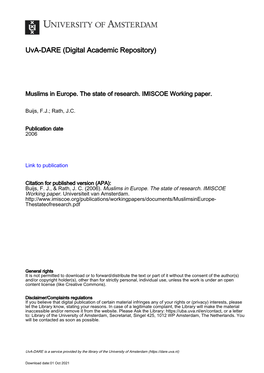 Muslims in Europe. the State of Research. IMISCOE Working Paper