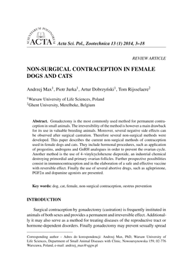 Non-Surgical Contraception in Female Dogs and Cats