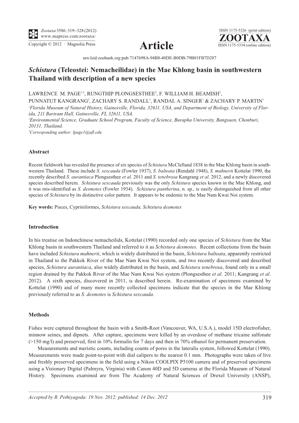 Schistura (Teleostei: Nemacheilidae) in the Mae Khlong Basin in Southwestern Thailand with Description of a New Species