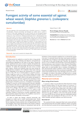 Fumigant Activity of Some Essential Oil Against Wheat Weevil, Sitophilus Granarius L