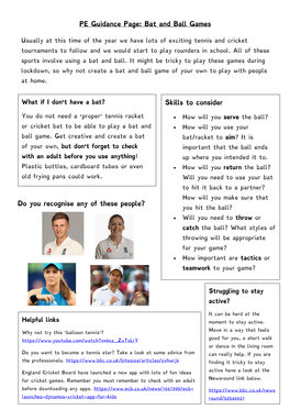 PE Guidance Page: Bat and Ball Games