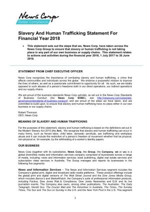 Slavery and Human Trafficking Statement for Financial Year2018