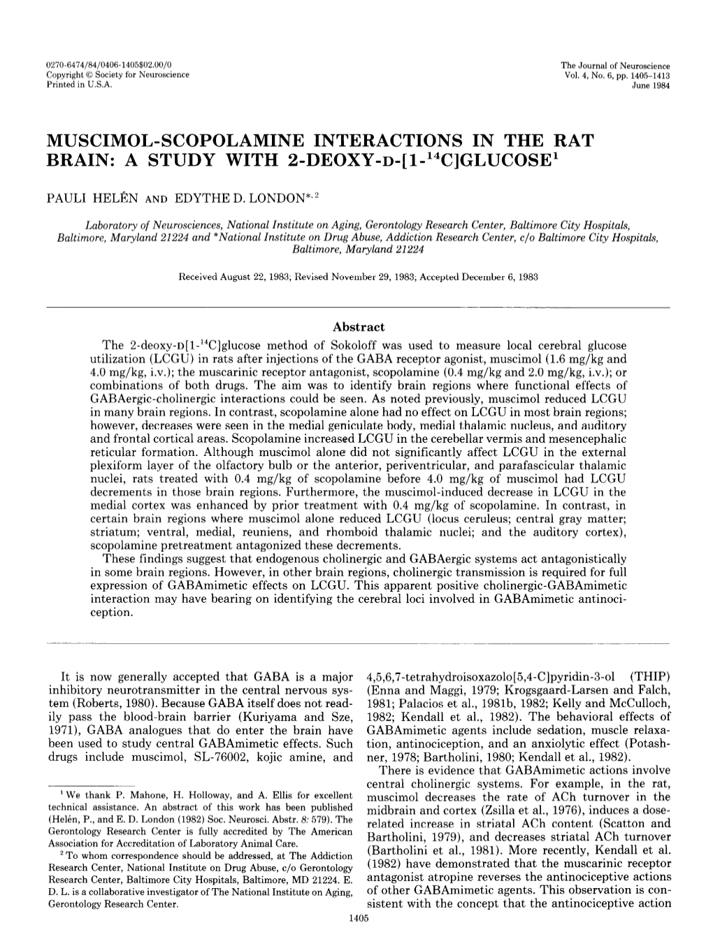 Muscimol-Scopolamine Interactions in the Rat Brain: a Study with 2-Deoxy-D-[ 1-14C]Glucose1