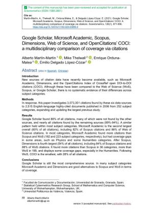 Google Scholar, Microsoft Academic, Scopus, Dimensions, Web of Science, and Opencitations’ COCI: a Multidisciplinary Comparison of Coverage Via Citations