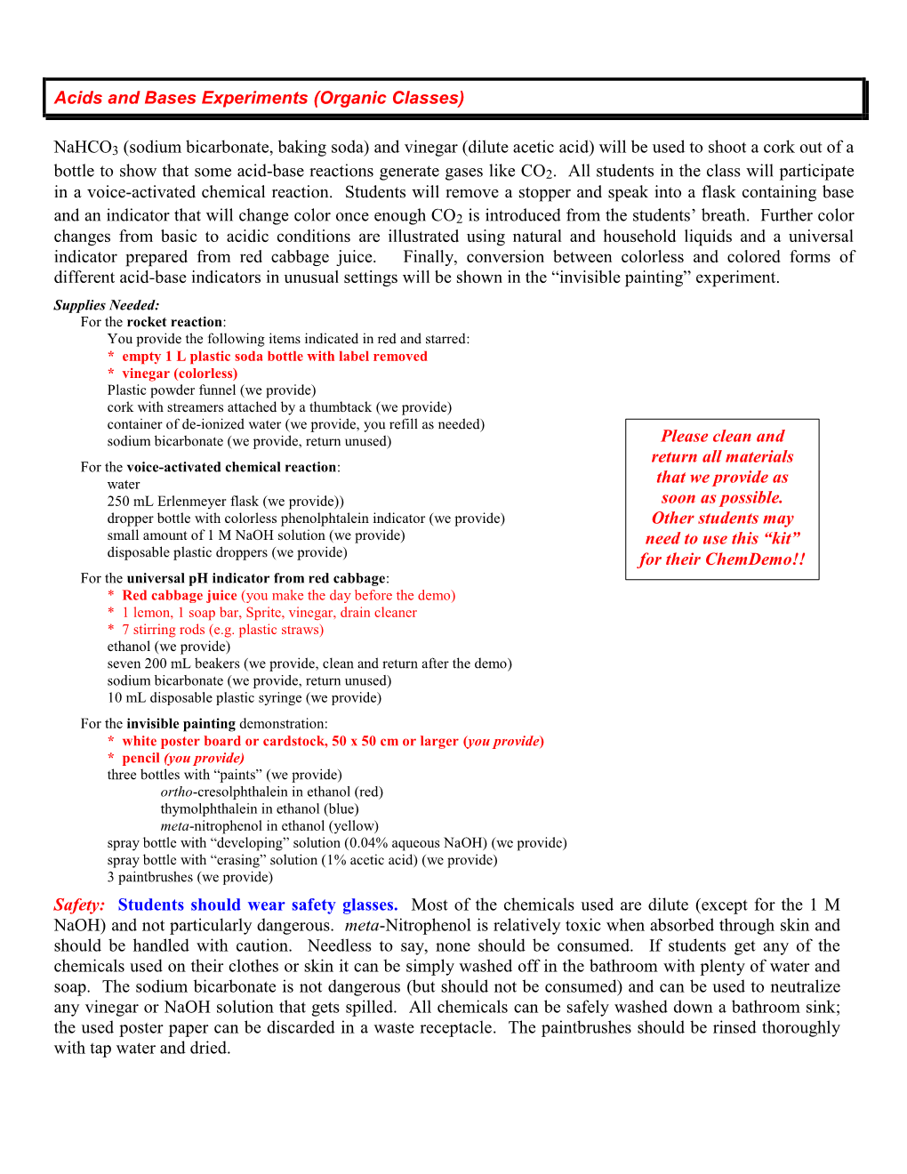 Acids and Bases Experiments (Organic Classes)