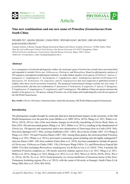 Nine New Combinations and One New Name of Primulina (Gesneriaceae) from South China