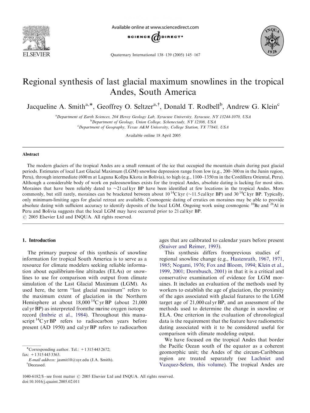 Regional Synthesis of Last Glacial Maximum Snowlines in the Tropical Andes, South America