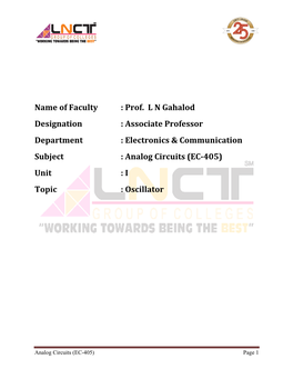 Analog Circuits (EC-405) Unit : I Topic : Oscillator