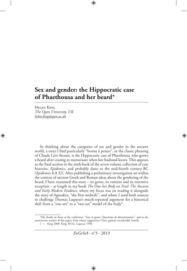 Sex and Gender: the Hippocratic Case of Phaethousa and Her Beard*