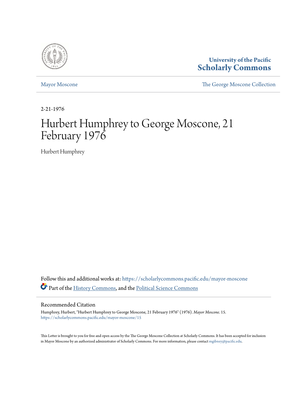 Hurbert Humphrey to George Moscone, 21 February 1976 Hurbert Humphrey