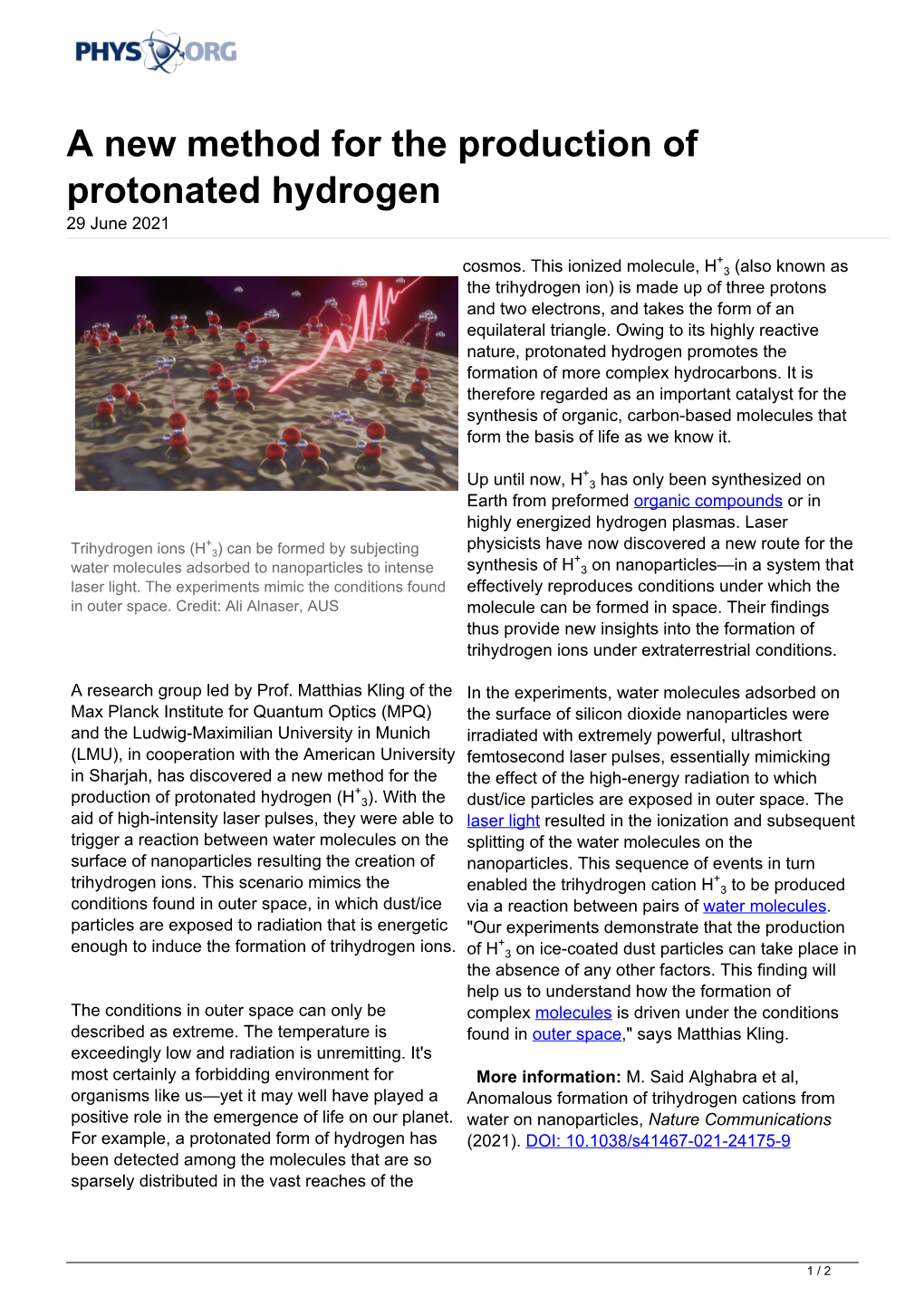 A New Method for the Production of Protonated Hydrogen 29 June 2021