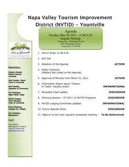 Napa Valley Tourism Improvement District (NVTID) - Yountville Agenda Tuesday, May 10, 2011 – 11:00 A.M