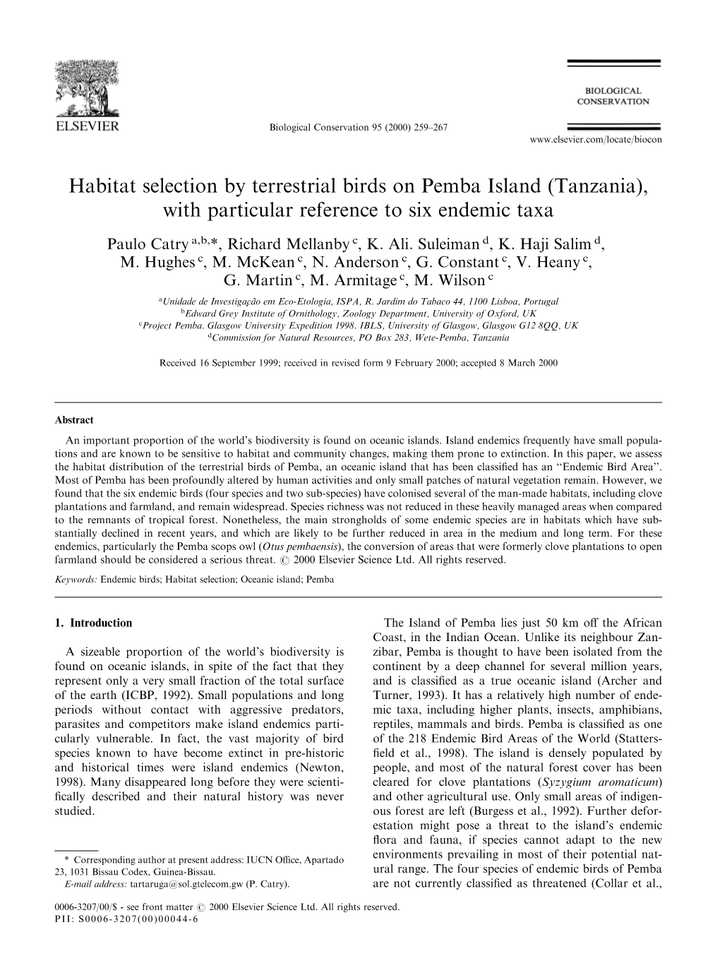 Habitat Selection by Terrestrial Birds on Pemba Island (Tanzania), with Particular Reference to Six Endemic Taxa